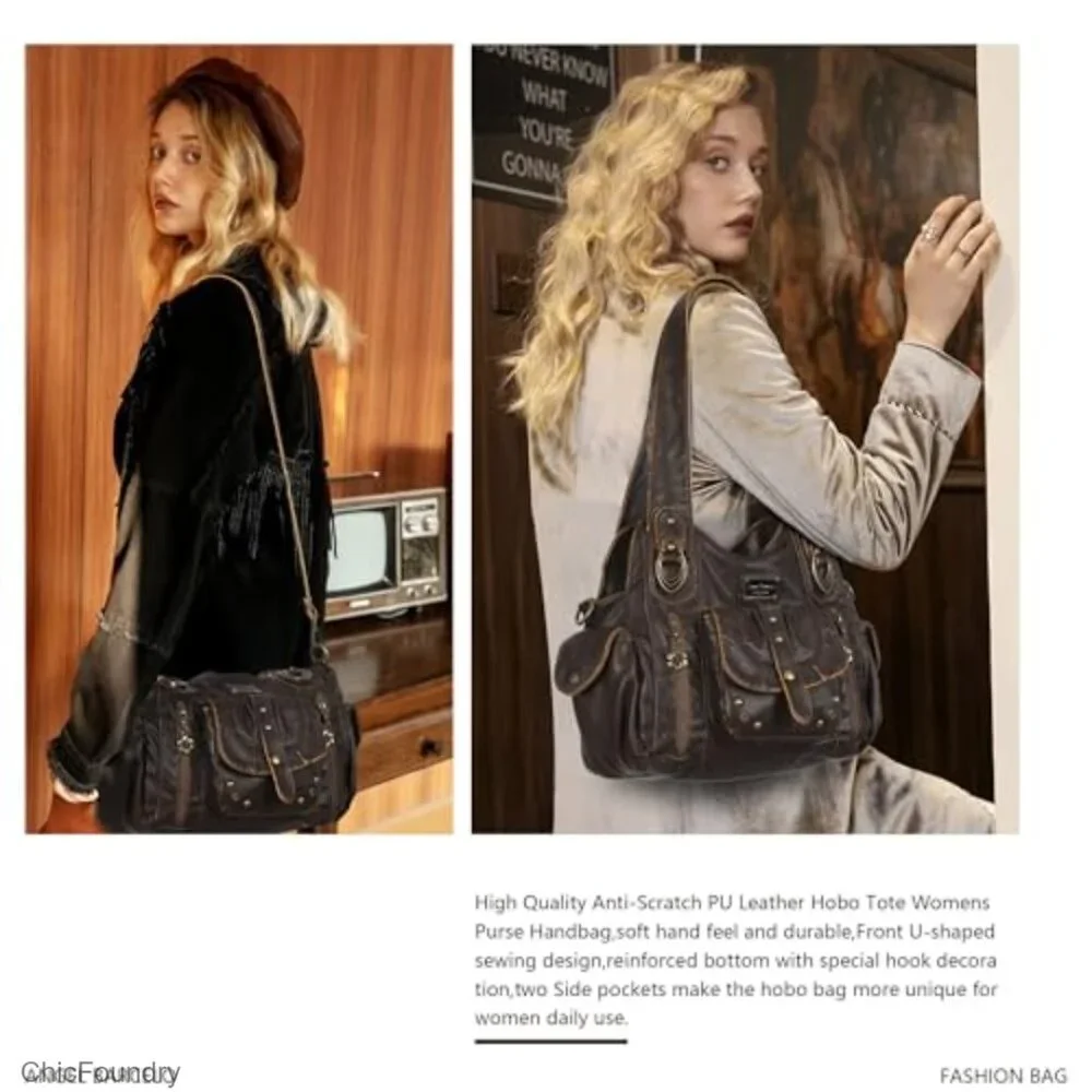 Faux Leather Hobo Bag with Adjustable Strap, 10x10x4.5 Inches, 5 Pockets